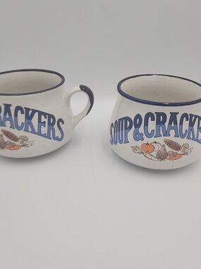 Vintage Set Of 2 Soup & Crackers Bowl Mug Blue Handles Speckled Stoneware